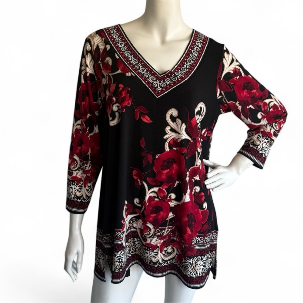 JM Collection 0X Embellished Floral Border Tunic Top Black Red Stretch 3/4 Slv - Picture 2 of 7